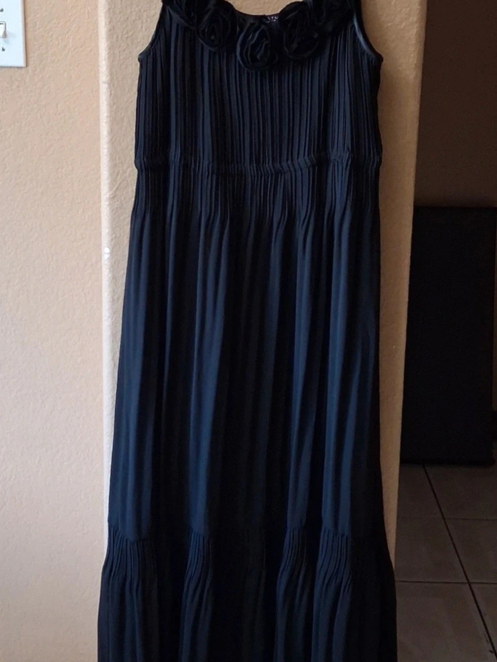 Signature Black Maxi Dress with Rosette Neckline